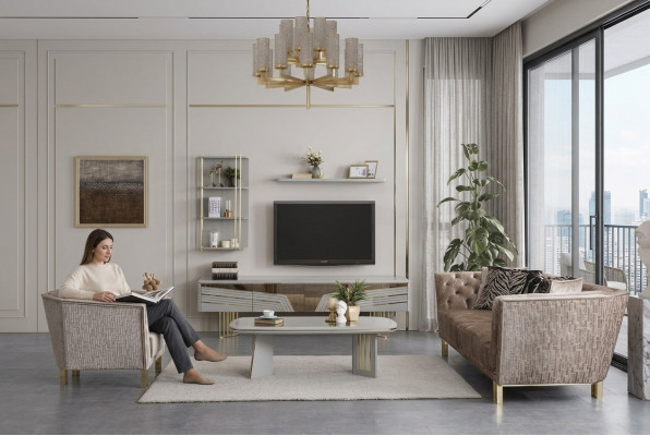 Modern Gri Wäistzëmmer Garnitur Luxus TV-Schaf Wandschränken Regaler