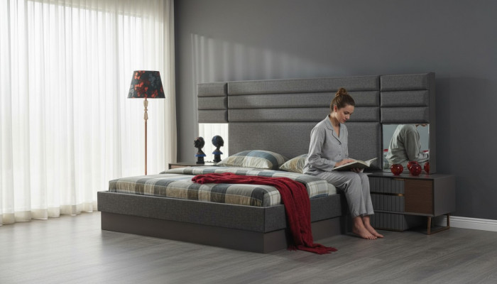 Schlofkummer Ariichtung Luxus Duebelbett Designer Nuetsdëscher 3tlg Set