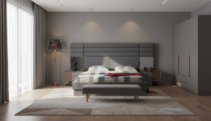 Schlofkummer Ariichtung Luxus Duebelbett Designer Nuetsdëscher 3tlg Set