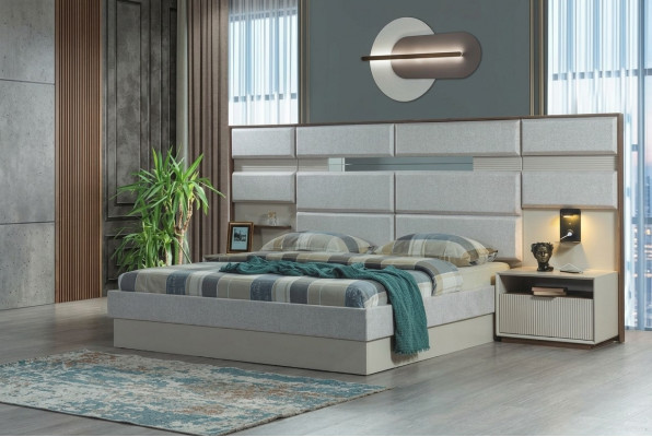 Wäiss Schlofkummermiwwel Designer Duebelbett Luxus 2x Holz Nuetsdëscher