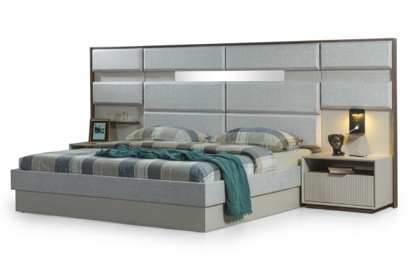 Wäiss Schlofkummermiwwel Designer Duebelbett Luxus 2x Holz Nuetsdëscher