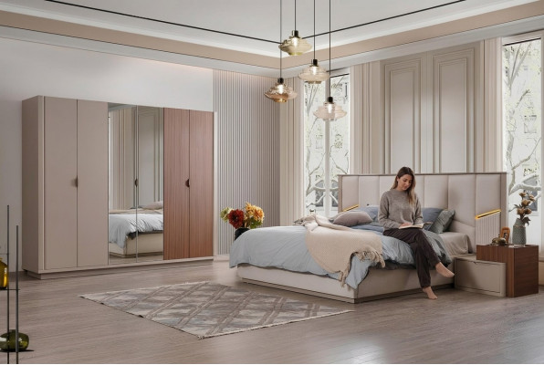 Grouss beige Schlofzëmmer Garnitur Duebelbett 2x Nuetsschräiner Schaf