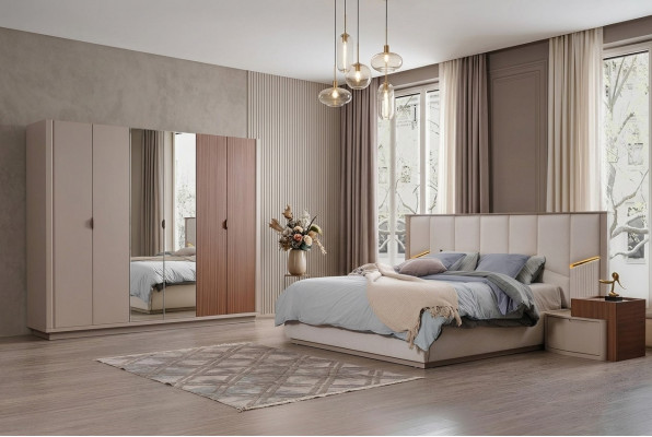 Grouss beige Schlofzëmmer Garnitur Duebelbett 2x Nuetsschräiner Schaf