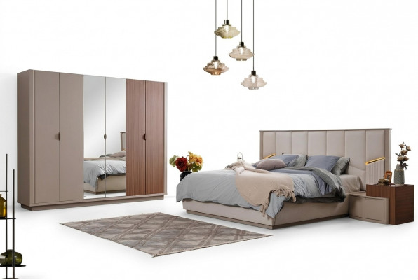 Grouss beige Schlofzëmmer Garnitur Duebelbett 2x Nuetsschräiner Schaf