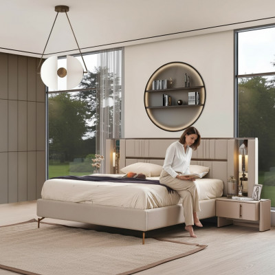 Luxuriéist Schlofzëmmer Beige Duebelbett 2x Nueschtbänk Modern Miwwelen