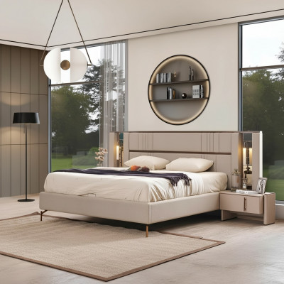 Luxuriéist Schlofzëmmer Beige Duebelbett 2x Nueschtbänk Modern Miwwelen
