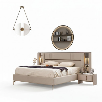 Luxuriéist Schlofzëmmer Beige Duebelbett 2x Nueschtbänk Modern Miwwelen