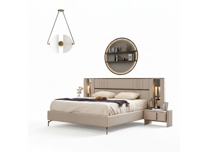 Luxuriéist Schlofzëmmer Beige Duebelbett 2x Nueschtbänk Modern Miwwelen