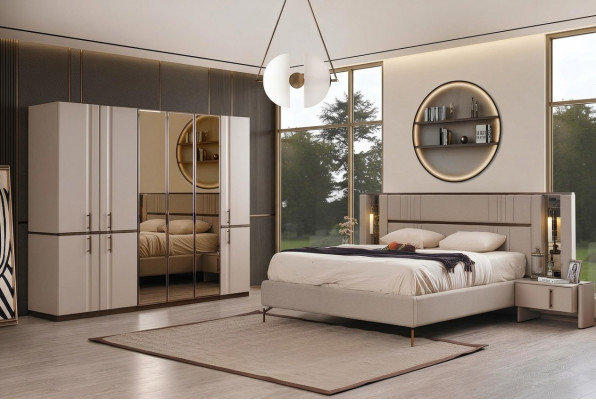 Moderne beige Duebelbett 2x Nuetsdëscher Kleederschaf Holz Miwwelen