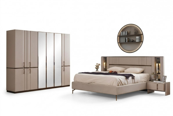 Moderne beige Duebelbett 2x Nuetsdëscher Kleederschaf Holz Miwwelen