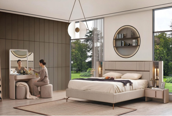 Modern Schlofzëmmer Miwwelen Beige Duebelbett 2x Nuitstiesch Schminktisch