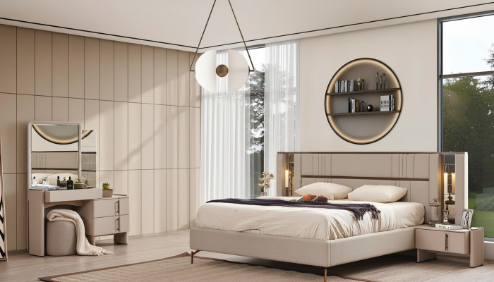 Modern Schlofzëmmer Miwwelen Beige Duebelbett 2x Nuitstiesch Schminktisch