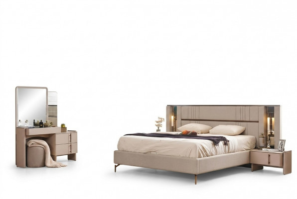 Modern Schlofzëmmer Miwwelen Beige Duebelbett 2x Nuitstiesch Schminktisch