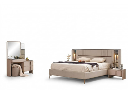 Modern Schlofzëmmer Miwwelen Beige Duebelbett 2x Nuitstiesch Schminktisch
