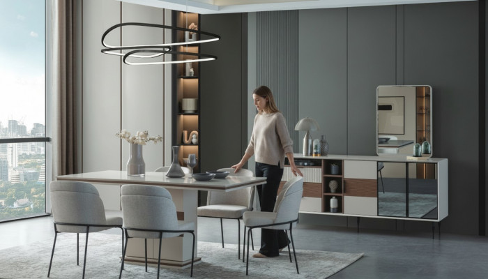 Wäiss Iessgrupp Rektangulären Iessdësch 4x Still Sideboard Luxus Spigel
