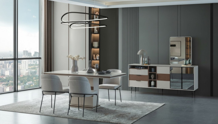 Wäiss Iessgrupp Rektangulären Iessdësch 4x Still Sideboard Luxus Spigel