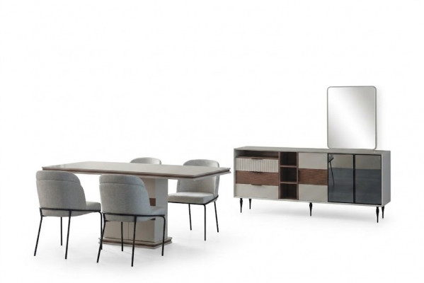 Wäiss Iessgrupp Rektangulären Iessdësch 4x Still Sideboard Luxus Spigel