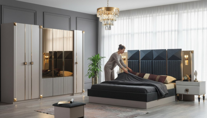 Luxuriéis Schlofkummermiwwelen Gepolstert Duebelbett Holz Nuetsdëscher Schaf