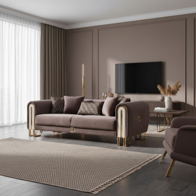 Luxus Couch Gold Metall Sofa Dréisëtzer Couchen Polster Miwwelen 240cm