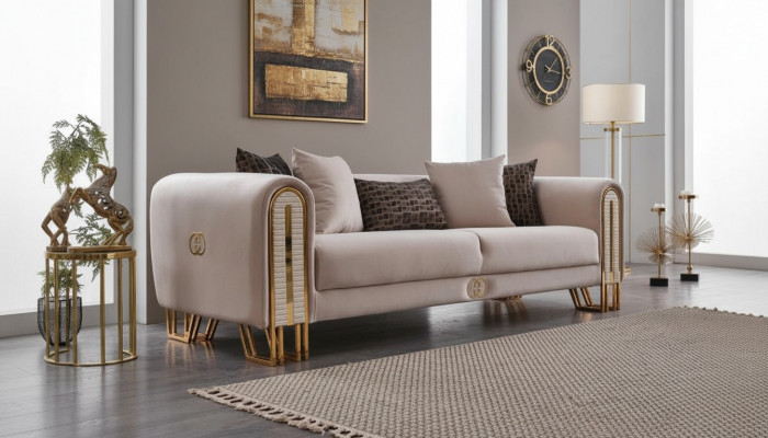 Luxus Sofa Canapé Gold Metall Dräisëtzer Kauten Polster Dräisëtzer Stoff
