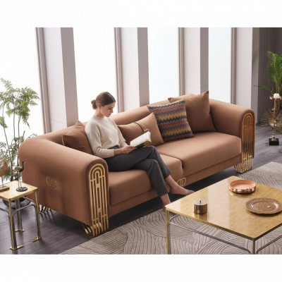 Modern Edelstahl Dreesëtzer Luxus Polster Canapé Textilemiwwel Sofa Canapé