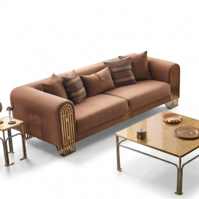 Modern Edelstahl Dreesëtzer Luxus Polster Canapé Textilemiwwel Sofa Canapé