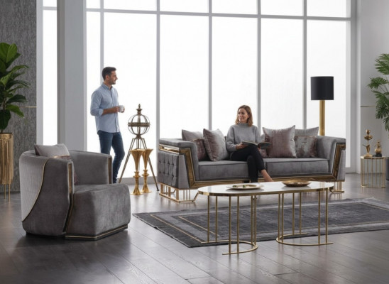 Grau Canapé-Set 3+1 Sëtzer mat Edelstahl Canapé Sofa Polster Set 2-Deeler.