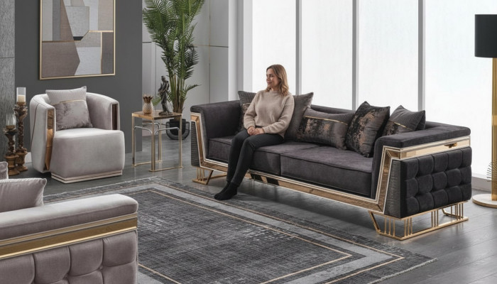 Polstersuite Luxus Sofa Dräisëtzer Fotell Modern Wunnzëmmer Canapé
