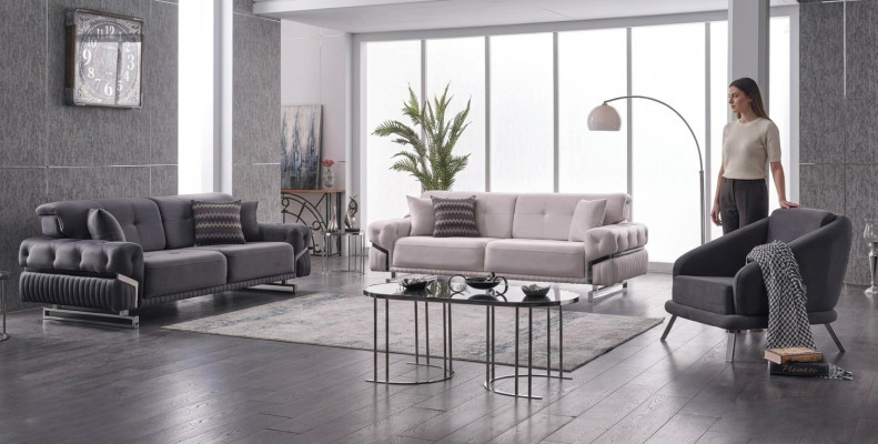 Grau Sofagarnitur Wunnzëmmer Sofa Dräi-Sëtz Fauteuil Komplett Set 3 Deeler