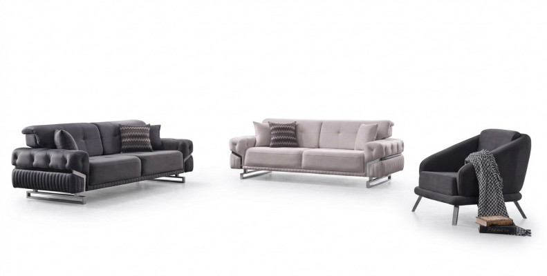 Grau Sofagarnitur Wunnzëmmer Sofa Dräi-Sëtz Fauteuil Komplett Set 3 Deeler