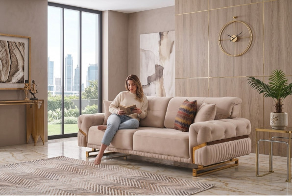 Beige Drësëtz Edelstolmoobel Wunnzëmmer Couch Luxus Stoff Sofa