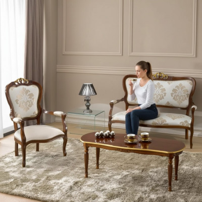 Klassesch Sëtzgrupp Zweisëtzer Fotell Dësch Designer Holzmiwwelen