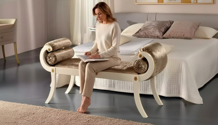 Klassesch beige gepolstert Bank Sëtzbanken Sëtzmiwwel Designer Holzmöbel