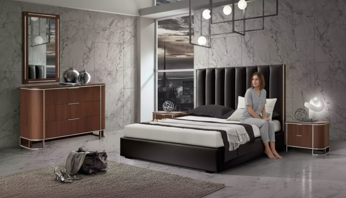 Komplett Schlofzëmmer Set Designer Miwwelen Duebelbett 2x Nuetsdëscher 5tlg