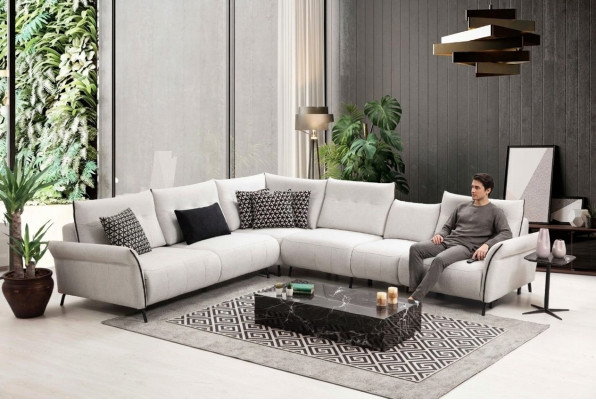 Wäiss Ecksofa L-Form Wunnzëmmer Polster Textil Sofa Couch Modern Miwwelen