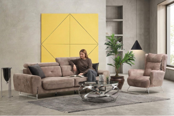 Set 2 Stéck Wunnzëmmer Sofagarnitur Dreisëtzer Sofa Couch Modern Sessel Textil