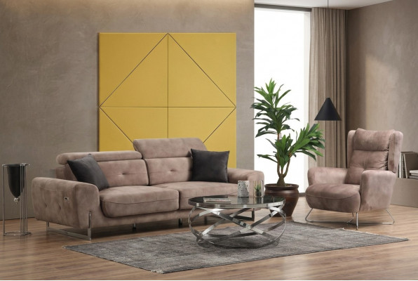 Set 2 Stéck Wunnzëmmer Sofagarnitur Dreisëtzer Sofa Couch Modern Sessel Textil
