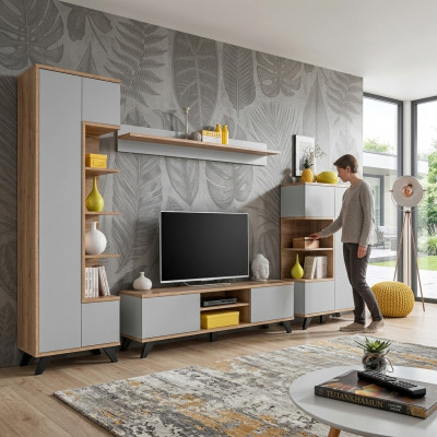 Wunnzimmerset Bicherregal TV-Stänner Mauerregal Wunnwand Holz Miwwelen Set 4 Stécker.