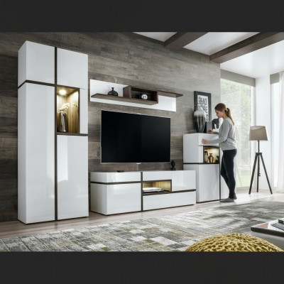 Modern Wunnwand Set 4 tlg Wunnzëmmer Wäiss Holz Miwwel Schief TV-Stänner