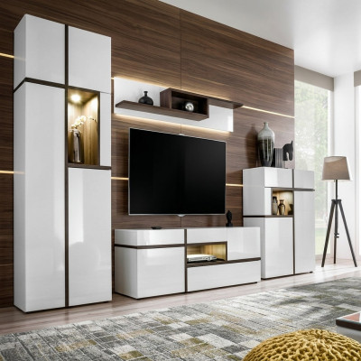 Modern Wunnwand Set 4 tlg Wunnzëmmer Wäiss Holz Miwwel Schief TV-Stänner