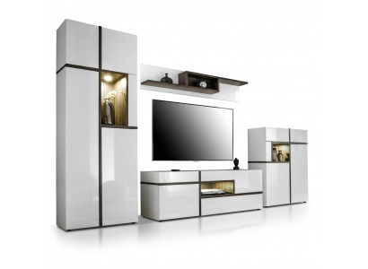 Modern Wunnwand Set 4 tlg Wunnzëmmer Wäiss Holz Miwwel Schief TV-Stänner