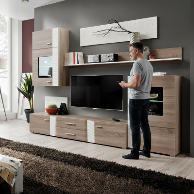 Wunnwand TV Wand Holzstil Modern Regal Wunnzëmmer Miwwelen Schaf nei