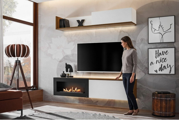 Wunnzëmmer TV Stänner mat Kamäin Wunnwand Wandregal Holz Möbel Nei