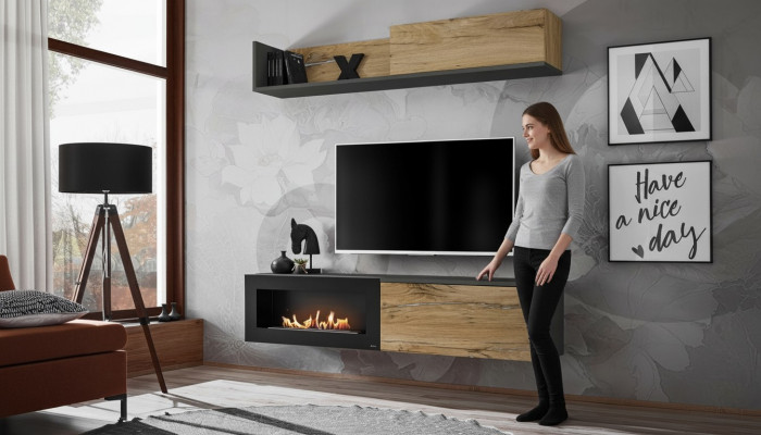 Wunnwand TV Miwwel Wunnzëmmer Regal TV Stänner mat Kamäin Modern Holz Braun