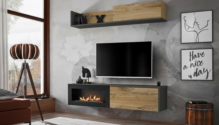 Wunnwand TV Miwwel Wunnzëmmer Regal TV Stänner mat Kamäin Modern Holz Braun