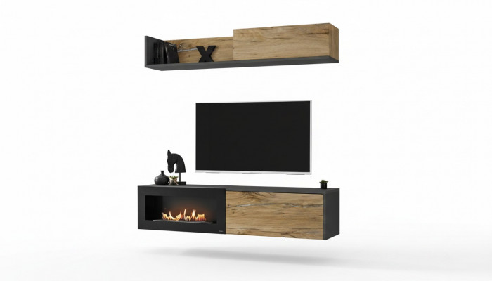 Wunnwand TV Miwwel Wunnzëmmer Regal TV Stänner mat Kamäin Modern Holz Braun