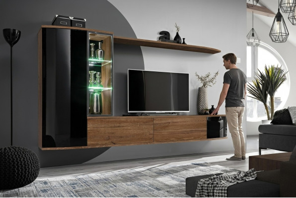 Wunnwand Set Luxus Wunnzëmmer TV Ständer Holz Wandregal Wandkabinett Nei
