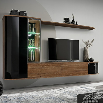 Wunnwand Set Luxus Wunnzëmmer TV Ständer Holz Wandregal Wandkabinett Nei