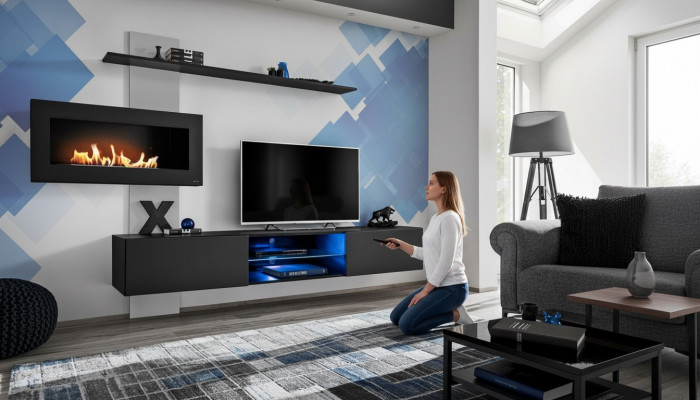 Schwaarz Wunnwand mat Kamäin Wunnzëmmer Designer Modern Miwwelen TV Stänner