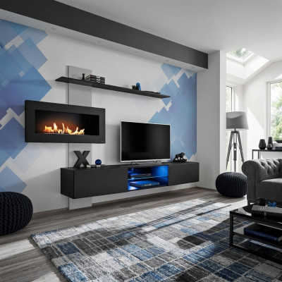 Schwaarz Wunnwand mat Kamäin Wunnzëmmer Designer Modern Miwwelen TV Stänner